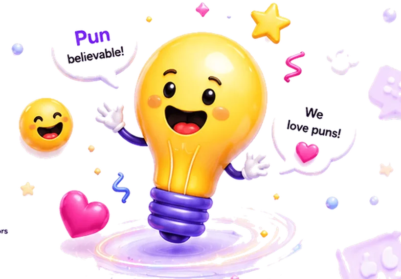 A smiling 3D lightbulb character surrounded by speech bubbles reading Pun believable and We love puns