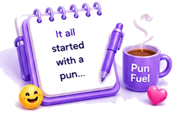 A 3D notepad reading It all started with a pun, beside a Pun Fuel coffee mug