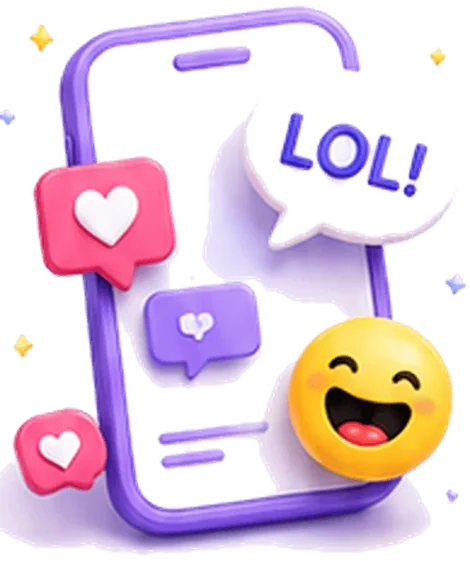A 3D phone surrounded by LOL and heart reaction bubbles