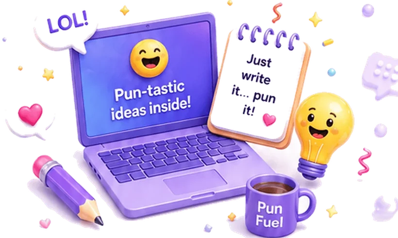 A 3D laptop showing Pun-tastic ideas inside, beside a notepad reading Just write it pun it