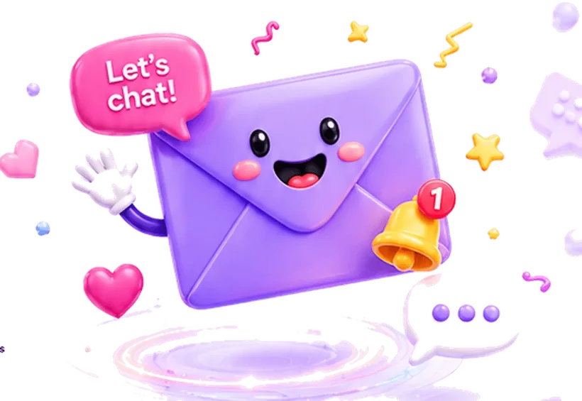 A smiling 3D envelope character with a Let us chat speech bubble