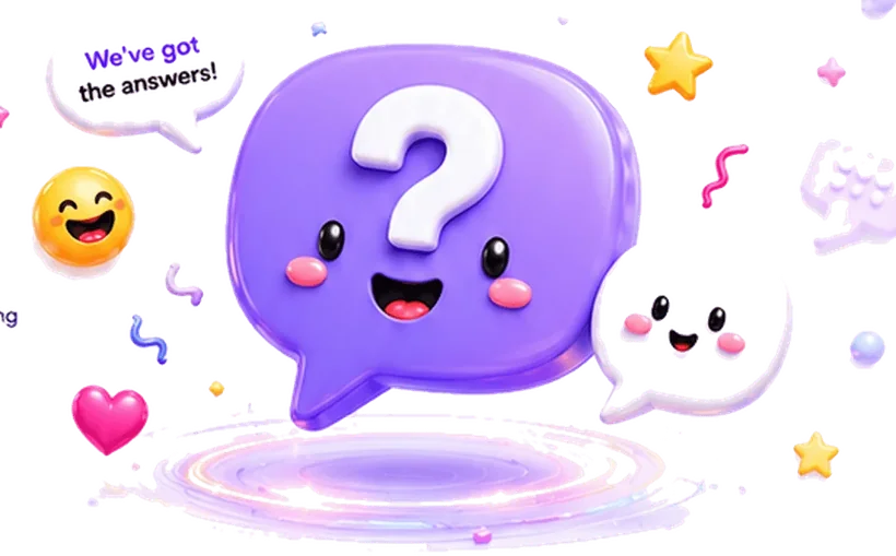 A 3D purple speech bubble with a question mark, beside a smiling emoji and a We have got the answers bubble