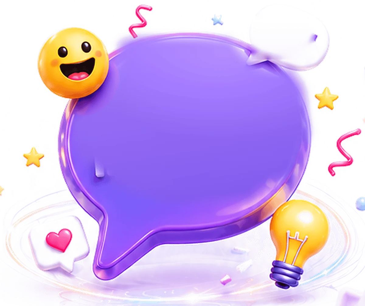 A 3D purple speech bubble surrounded by a smiling emoji, lightbulb, stars and hearts